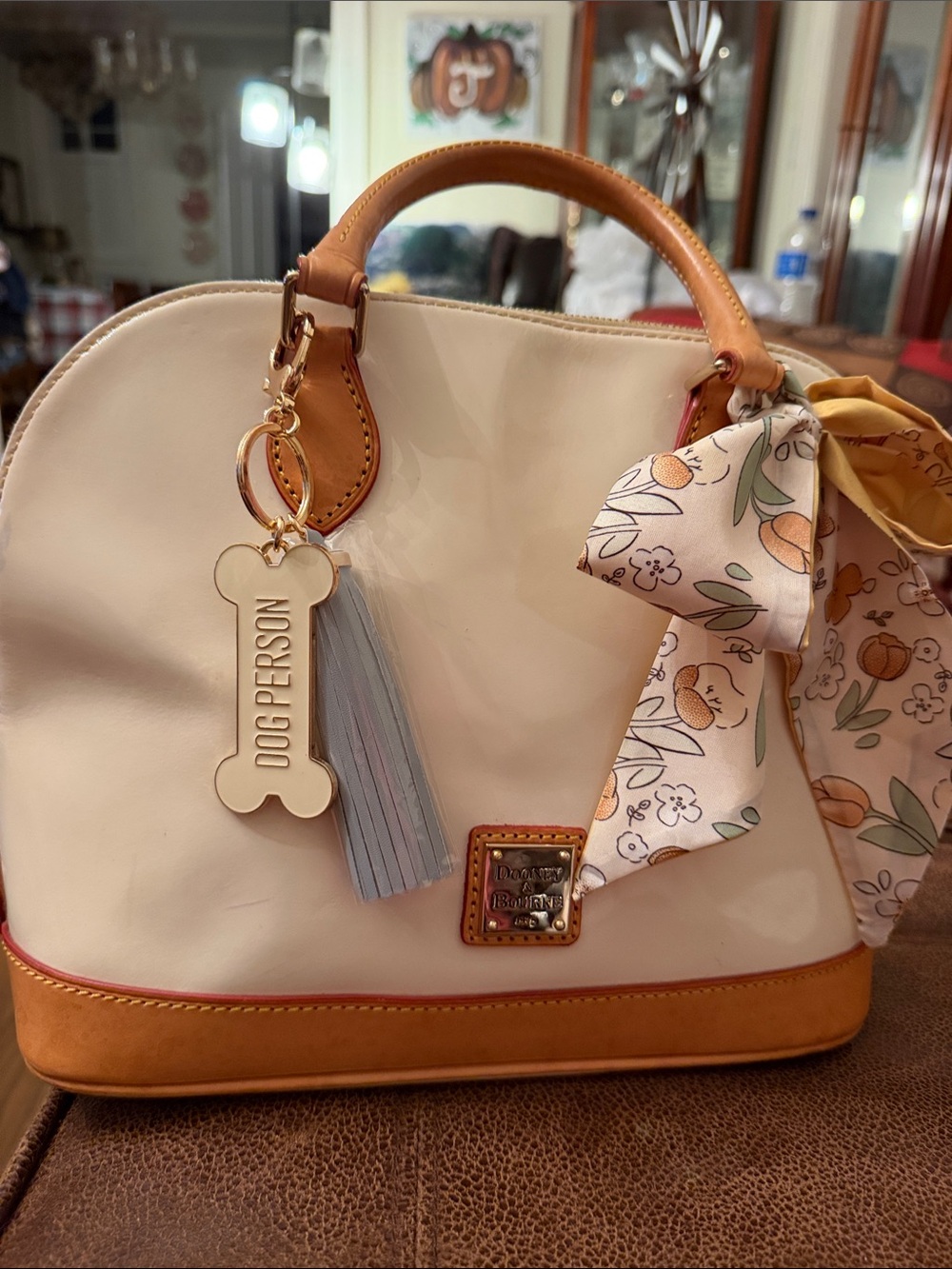 Dooney & Bourke Cream Zipzip Satchel with Tan Trim and Floral Scarf